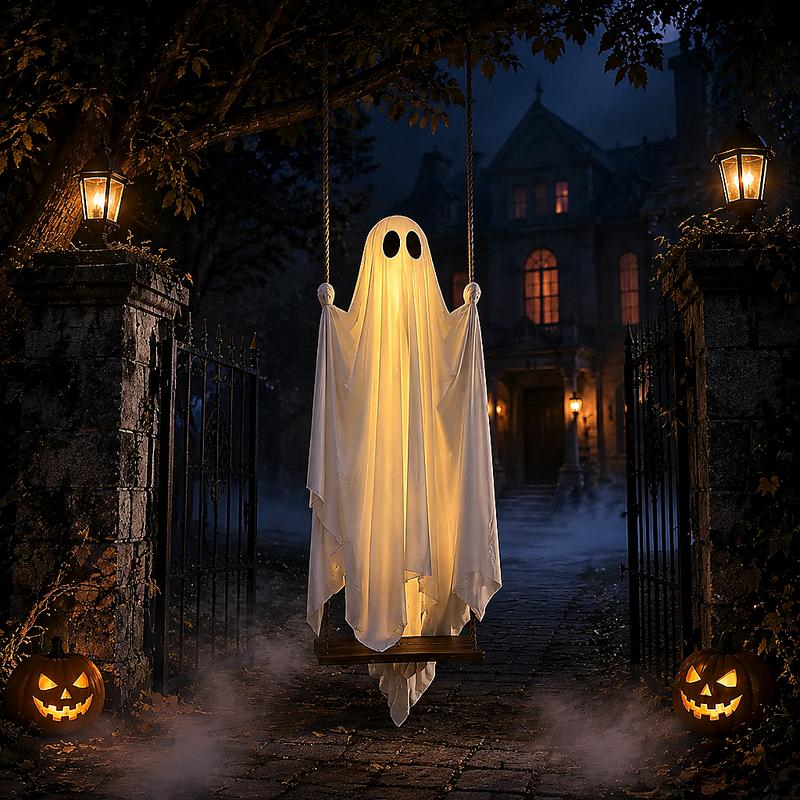 Warmly illuminated white ghost on a hanging swing in a staged Halloween setting