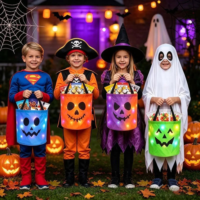 Styled Halloween scene with four costumes and colored treat bags; illustrative scale and lighting