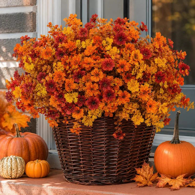 Autumn flowers in a woven planter beside pumpkins; styled reference, quantity and container size unverified; accessories excluded from proposed offer