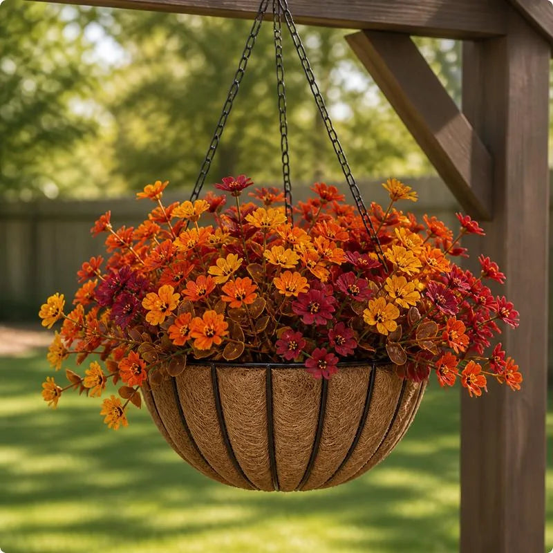 Orange, gold and burgundy flowers in a hanging basket; styled reference, quantity unverified; basket and hardware not part of proposed flower offer
