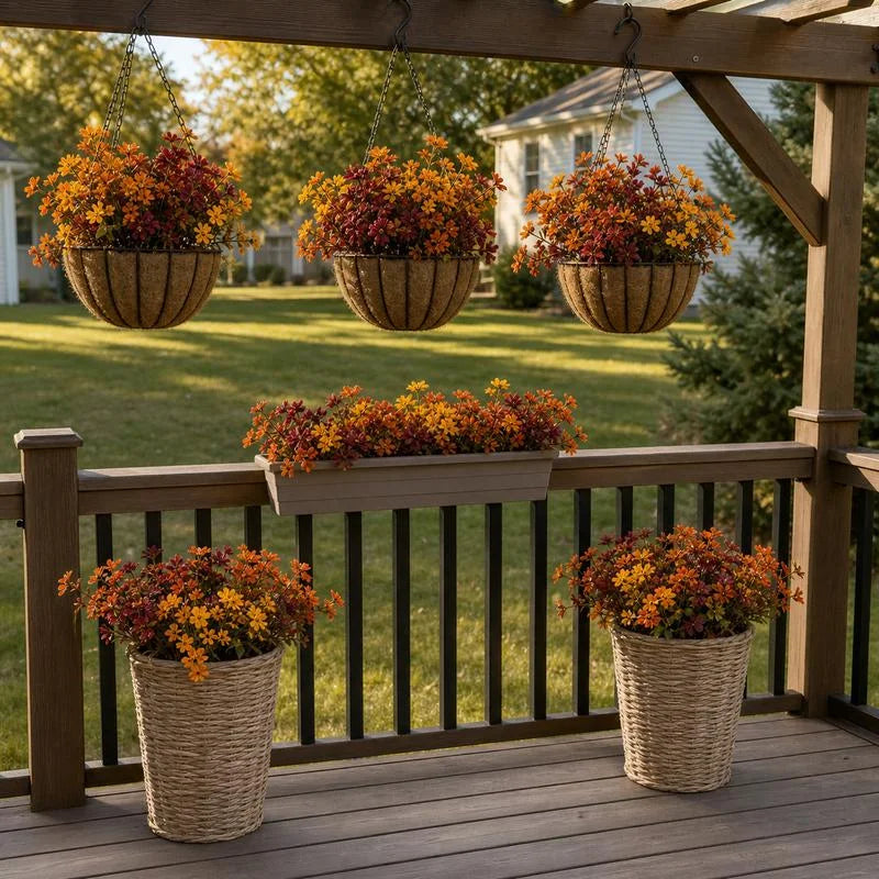 Autumn flowers in hanging baskets, a window box and floor planters; styled reference, quantity unverified; accessories excluded from proposed offer