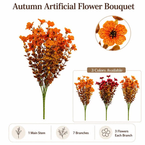 Original supplier autumn flower graphic showing a branched stem and three color references; specifications await confirmation